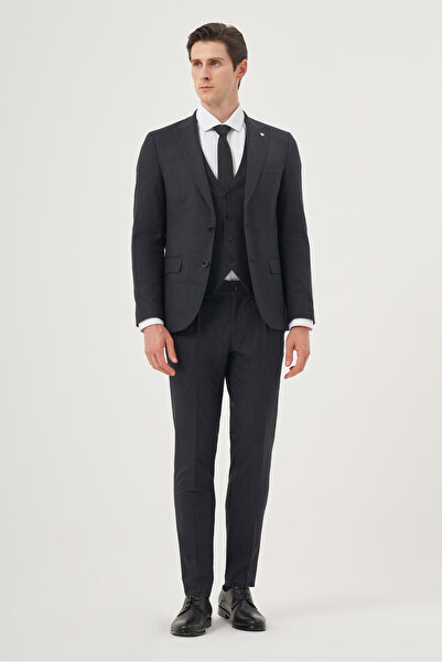 Morven Men's Navy Blue Polyviscon Trend Patterned Slim Fit Pointed Collar Vest Suit