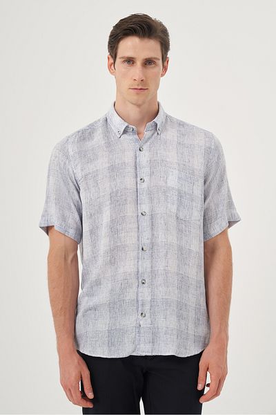 Morven Men's Navy Blue Linen Trend Regular Fit Button Collar Short Sleeve Shirt