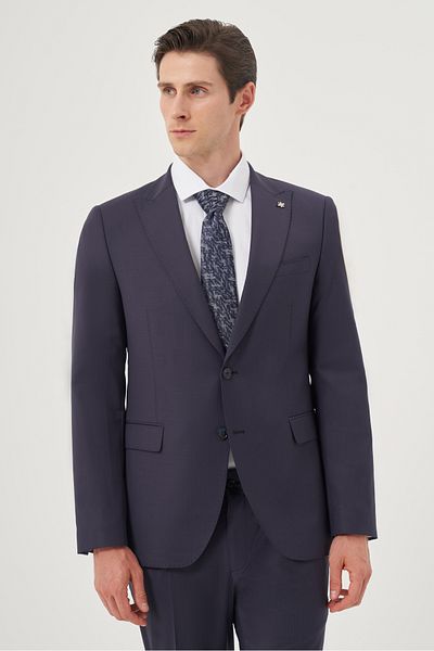 Morven Men's Navy Blue Woolen 8-Drop Trend Striped Slim Fit Pointed Collar Suit