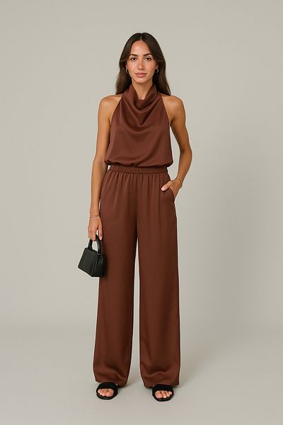 My Blog Brown Satin Blouse Pants Suit - 304900