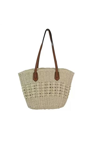 Generic Handwoven Rattan Tote Bag for Women with Authentic Design and Leather Handle – Elegant Cream