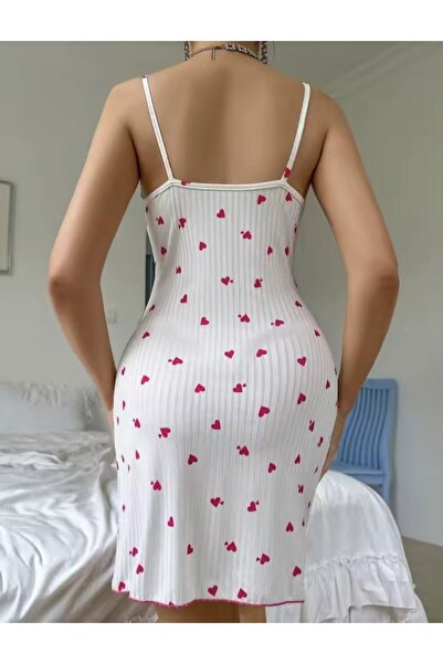 SİA LESS White Pink Heart Patterned Lace Mini Strap Nightgown with Slit Detail
