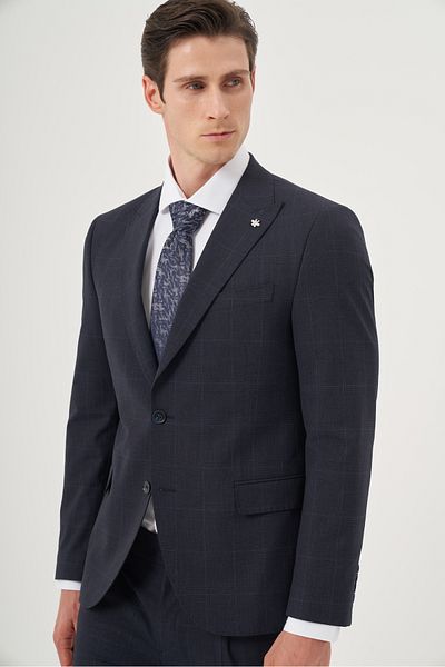 Morven Men's Navy Blue Woolen Trend Plaid Slim Fit Pointed Collar Suit