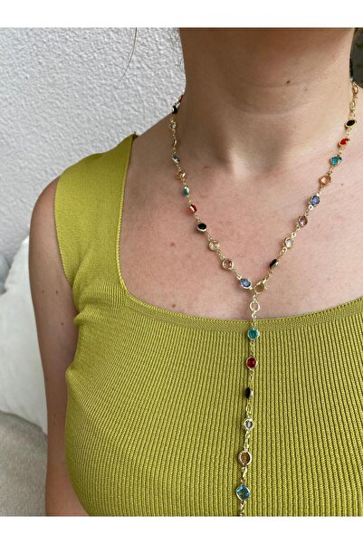 marsel aksesuar قلادة بيضاوية الشكل من الحجر الصلب الملون على شكل حرف Y قابلة...