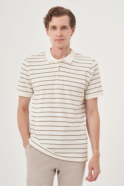 Morven Men's Ecru Trend Striped Dynamic Fit Polo Neck T-Shirt