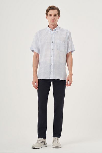Morven Men's A. Blue Linen Trend Regular Fit Button Collar Short Sleeve Shirt