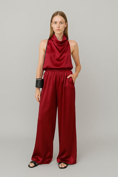 My Blog Burgundy Satin Blouse Trousers Set - 304900
