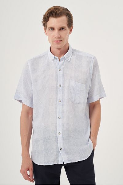 Morven Men's A. Blue Linen Trend Regular Fit Button Collar Short Sleeve Shirt