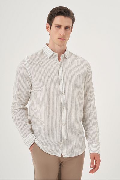 Morven Men's Green Linen Trend Dynamic Fit Brit Collar Shirt
