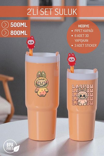 Nandy Home Labubu Themed Set of 2 Colorful Water Bottles, 500ml. And 800ml. - Pipette Cover, 3D Sticky and Label Gift