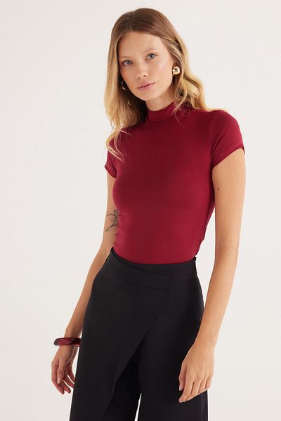 Tudors Women's Slim Fit Slim Fit Viscose Fabric Half Turtleneck Burgundy Blouse