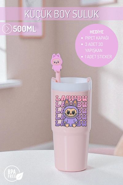 Nandy Home Labubulu Themed Small Size Colorful Water Bottle, 500ml. – Pipette Cover, 3D Adhesive and Label Gift