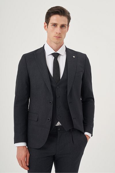 Morven Men's Navy Blue Polyviscon Trend Patterned Slim Fit Pointed Collar Vest Suit