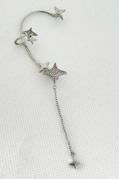 skycott sağ tam kulak Gümüş Renk kanca kıkırdak Yıldızı Figürlü Taşlı Kulak Aksesuarı (Tek)