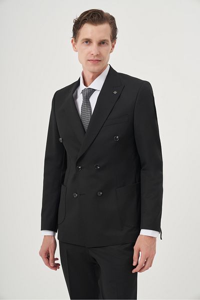 Morven Men's Black Polyviscon Trend Straight Slim Fit Pointed Collar Double Breasted Suit