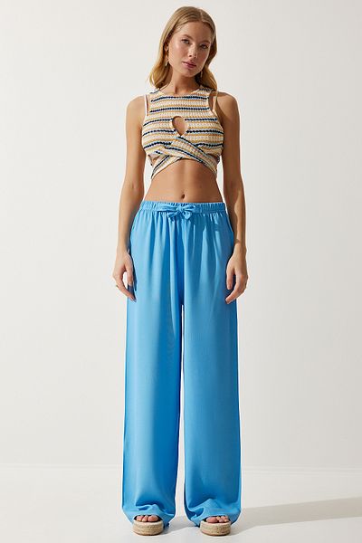 Lovelyİstanbul Flowy Knitted Palazzo Pants Len0024 Sky Blue