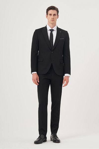 Morven Men's Black Polyviscon Basic Slim Fit Pointed Collar Suit