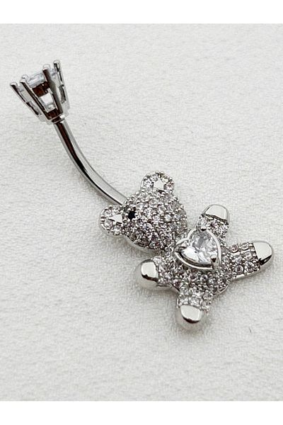 Siya Silver Steel Navel Piercing with Zircon Stone Teddy Bear Figure - 3.5 cm