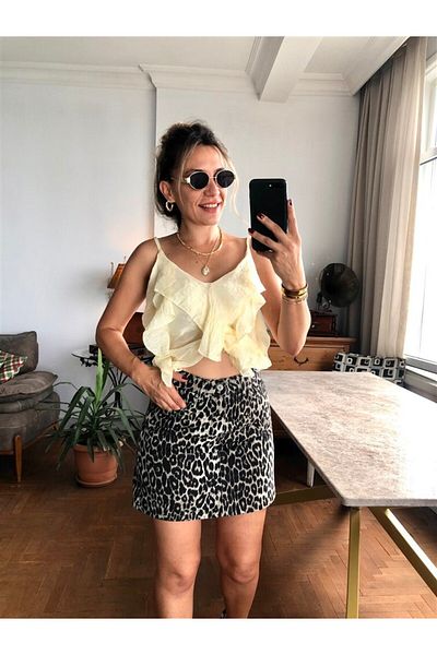 Gözde Tasarım Butik Women's Leopard Printed Short Denim Jeans Skirt