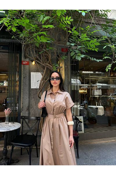 AlisaSu Short Sleeve Poplin Fabric Belted Shirt Dress