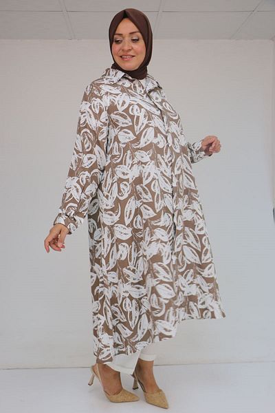 Eslina 58086 Large Size Patterned Viscose Mevlana Shirt - Leaf Patterned Brown