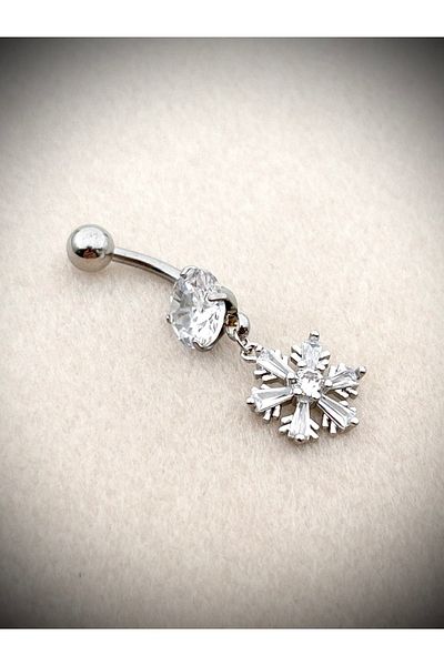 Siya Silver Zircon Stone Steel Dangle Snowflake Belly Piercing - 3.5 cm