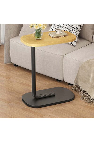 Generic 4-Pieces Modern Coffee Table | C-Shaped Side Table with Biege Wood Top and Black Metal Frame