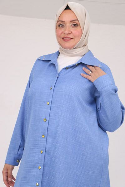 Eslina 58094 Large Size Button Collar Detailed Tunic - Indigo Crushed