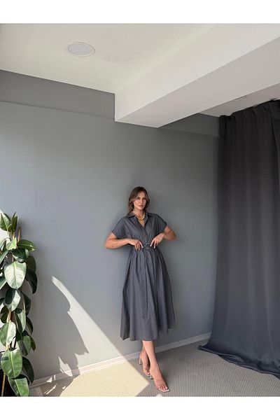 AlisaSu Short Sleeve Poplin Fabric Belted Shirt Dress