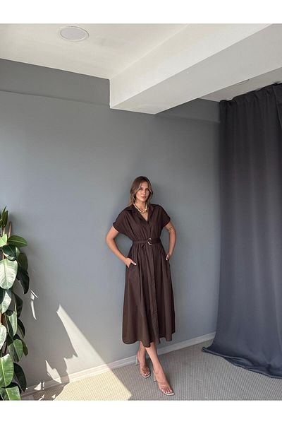 AlisaSu Short Sleeve Poplin Fabric Belted Shirt Dress