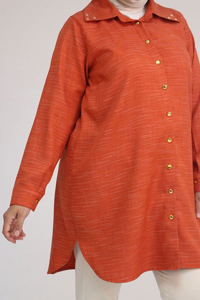 Eslina 58094 large size buttoned collar detailed tunic - brick red marled