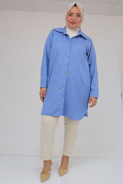 Eslina 58094 Large Size Button Collar Detailed Tunic - Indigo Crushed