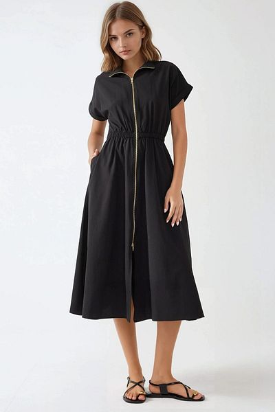Hiccup Midi Shirt Collar Zipper Dress
