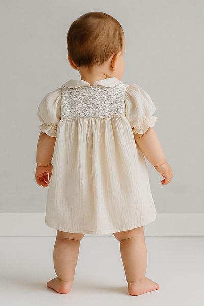 Uğur bebe Baby Girls 100% Cotton Lace Collar Summer Dress Breathable Fabric, Natural Linen Appearance