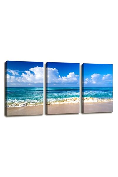 Generic لوحة فنية مطبوعة على قماش جيكلي مكونة من 3 لوحات، موضوع شاطئ أزرق من ...