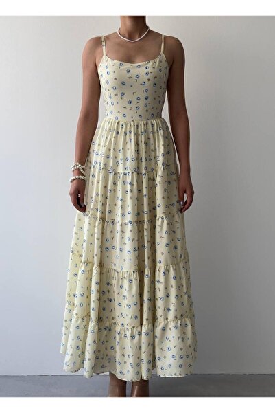 conconmoda Mersi İp Askılı Çiçek Detay Uzun Elbise