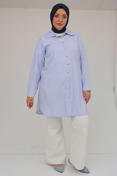 Eslina 58095 Large Size Collar Button Detailed Tunic - Striped Blue