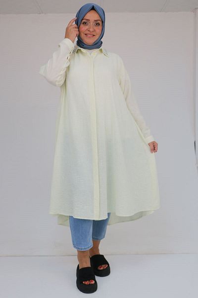 Eslina 58102 Large Size Stone Print Detailed Linen Mevlana Tunic - Ecru