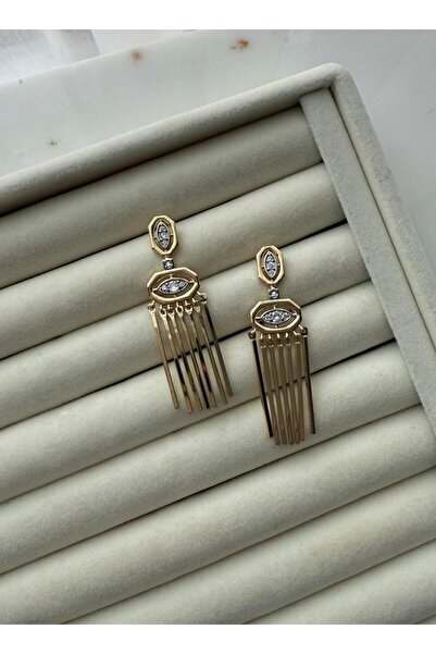 marsel aksesuar Özel Tasarım Göz Detaylı Çubuk Sallantılı Gold Küpe
