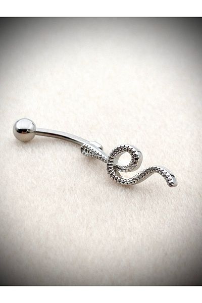 Siya Silver Zircon Stone Steel Snake Figured Navel Piercing - 3.5 cm