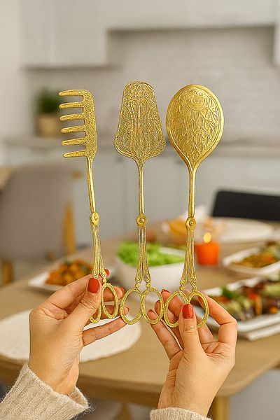 CHANCE GİFT Luxury 3-Piece Tongs Serving Presentation Set Metal Serving Spoon/Serving Tongs/Serving Fork for Stylish Tables