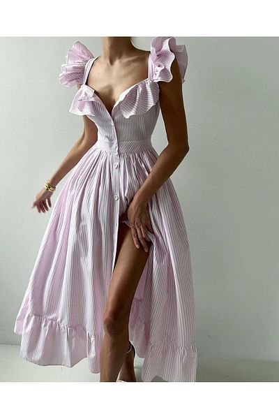 369 etnik butik Ruffle Strap Button Striped Belted Midi Dress – Pink, Yellow, Blue