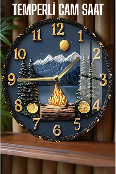 kutuTR Kamp Ateşi Temalı Tasarım 3D Görünümlü Temperli Cam Saat – 33 cm CSDW046