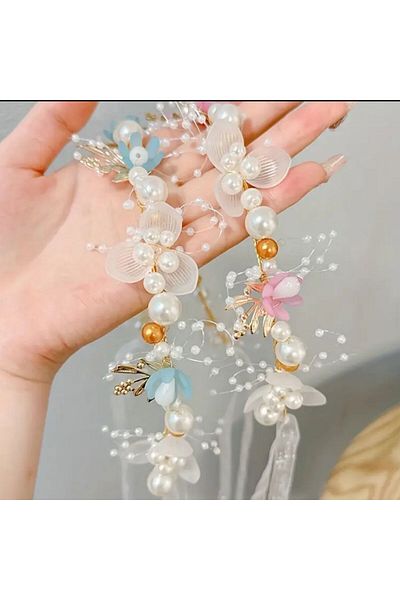 Yıldız Accessory Flower Embellished Pearl Bridal Tiara Hairband Special Occasion Wedding Henna Engagement Pink Blue Girl or Boy