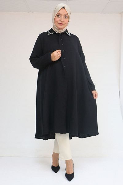 Eslina 58102 Large Size Stone Print Detailed Linen Mevlana Tunic - Black