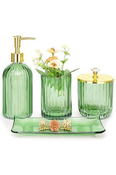 Generic مجموعة إكسسوارات حمام هاتوري، 4 قطع من الزجاج الأخضر مع صابون لوشن