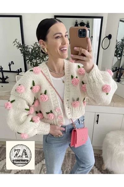ZAHandmade Hand Knitted Rose Detailed Cardigan Model