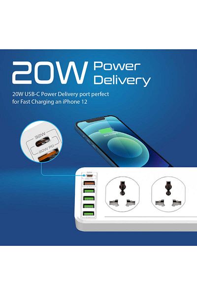 Promate 10 AC Outlets UK Plug Wall Charger with 4 USB-C PD 20W Ports and Cable 5m