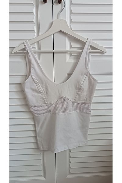 KAROL Deep V-Neck White Color Thick Strap T-Shirt with Mesh Detail under the Chest