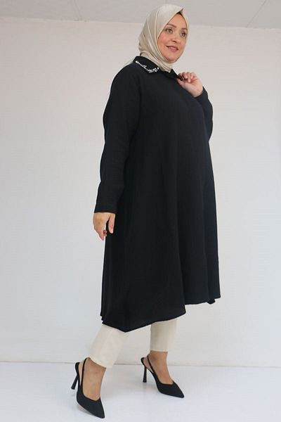 Eslina 58102 Large Size Stone Print Detailed Linen Mevlana Tunic - Black